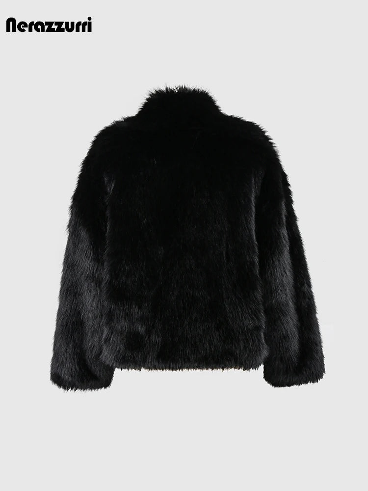 Casual Thick Warm Faux Fur with Big Collar and Pockets Fluffy Jacket