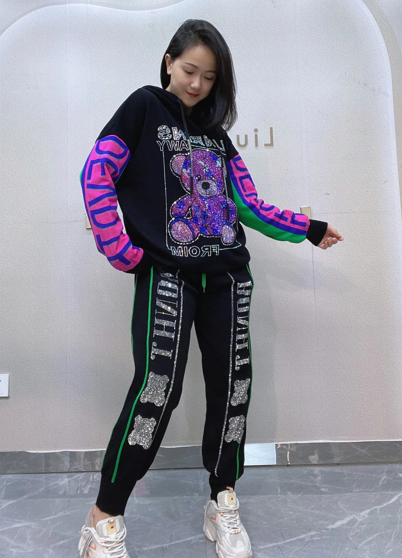 Two Pieces Teddy Bear Sequins  Hooded Sweatshirts And Knitting Pants