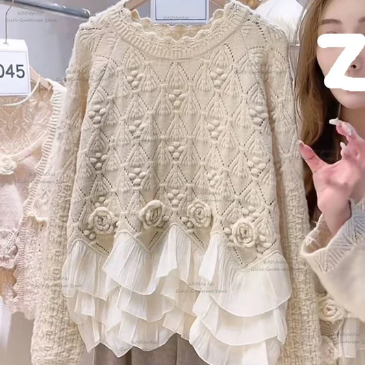 Vintage O-neck Long Sleeve Ruffles Decoration Patchwork Sweaters