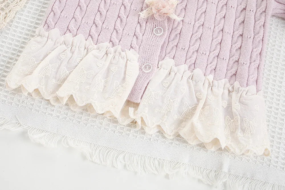 Girls Cardigan with Lace Hem Knitted Sweater Set