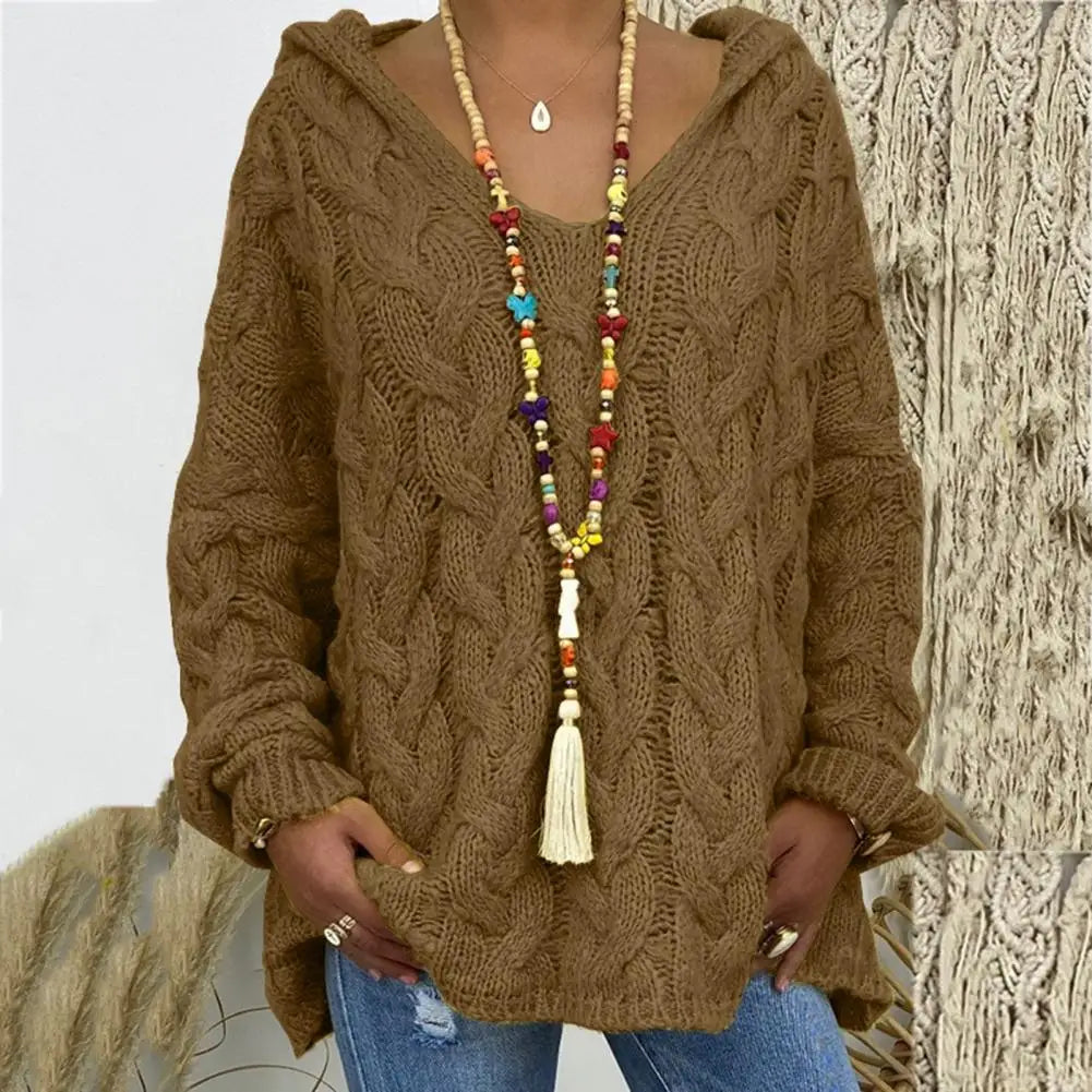 Hooded V-Neck Long Sleeves Twist Knitted Hoodie