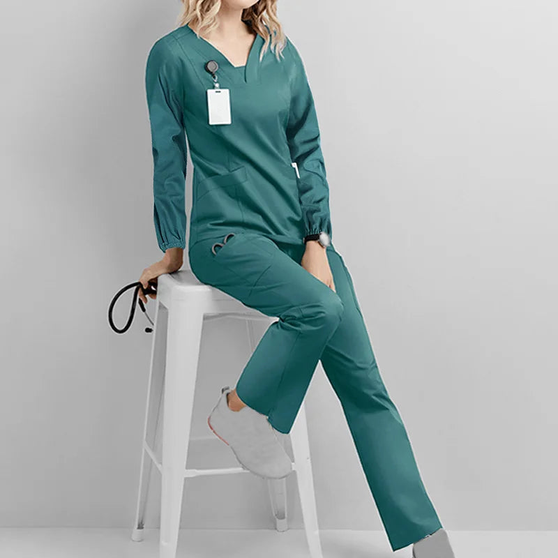 Long Sleeve V-neck Scrub Set