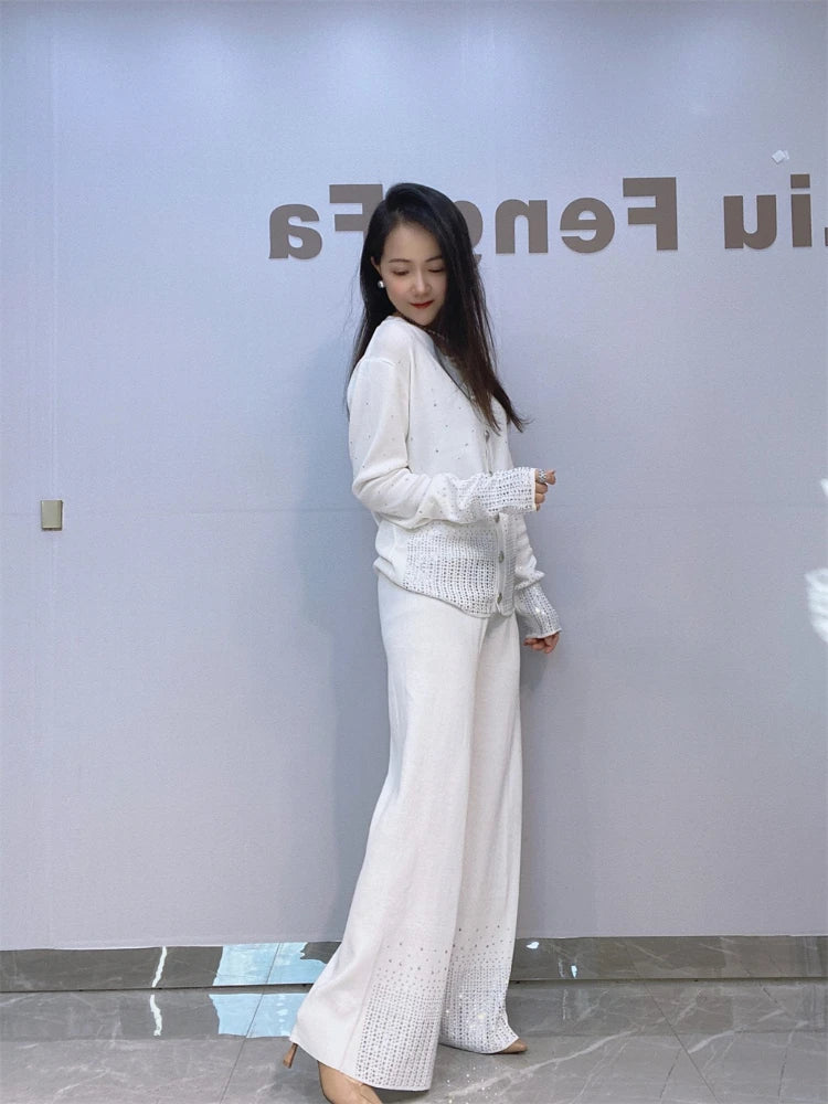 Diamond Studded Knitted Cardigan Sweater Wide Leg PantsTwo Piece Sets