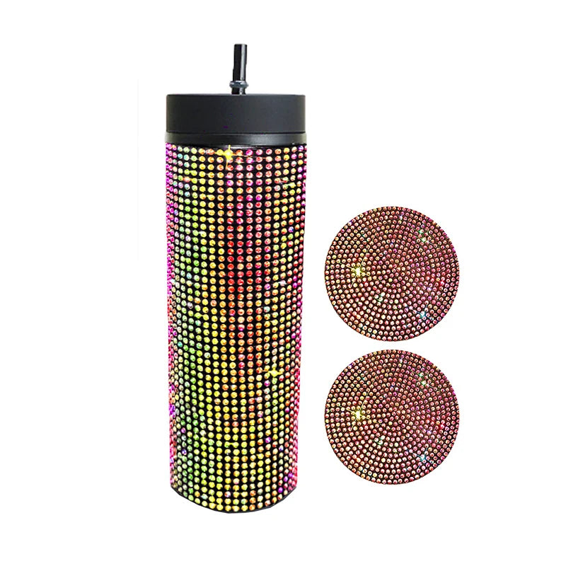 480ml Bling Plastic Coffee Mug Cup With Lid With Straw in Sparkling Rhinestones