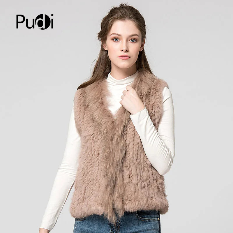 Natural Real Rabbit Fur Vest With Raccoon Fur Collar Jackets