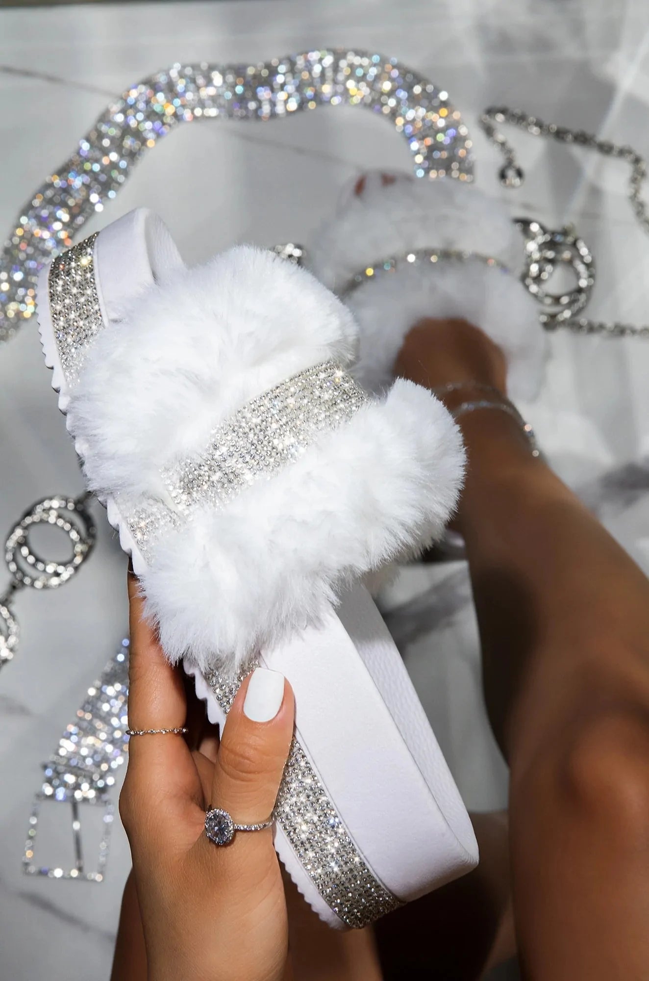 Fur Rhinestone Slippers