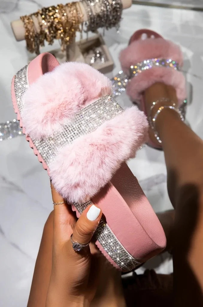 Fur Rhinestone Slippers